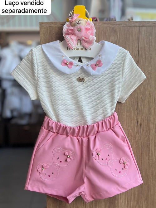 CONJUNTO BLUSA MANGA CURTA CRISTAIS BORBOLETAS TRICOTADO E SHORT COURINO URSO MENINA GABRIELA AQUARELA - OFF/ROSA