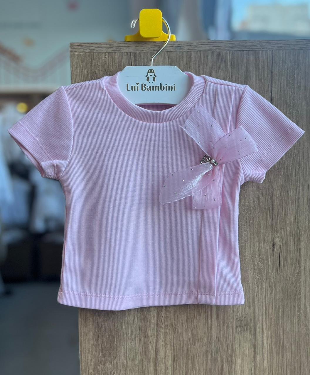 BLUSA MANGA CURTA CANELADA LAÇO PINGENTE STRASS MENINA GABRIELA AQUARELA - ROSA