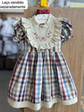 VESTIDO MANGA CURTA BABADO XADREZ BORDADO FLOR FESTA JUNINA MENINA LUI BAMBINI - AZUL/BEGE