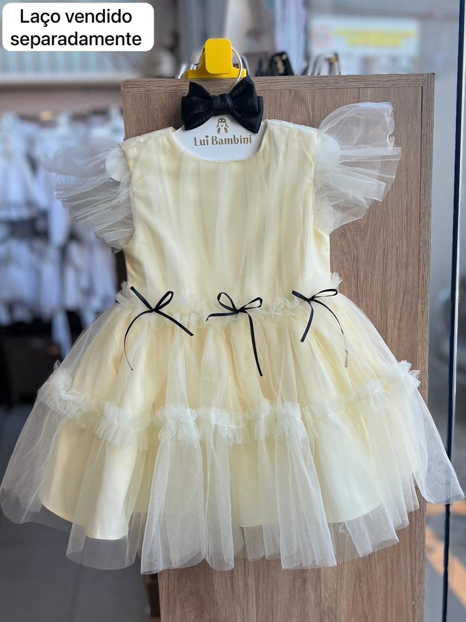 VESTIDO MANGA CURTA BABADO TULE LAÇOS APLICADOS MENINA MALAGAH - AMARELO
