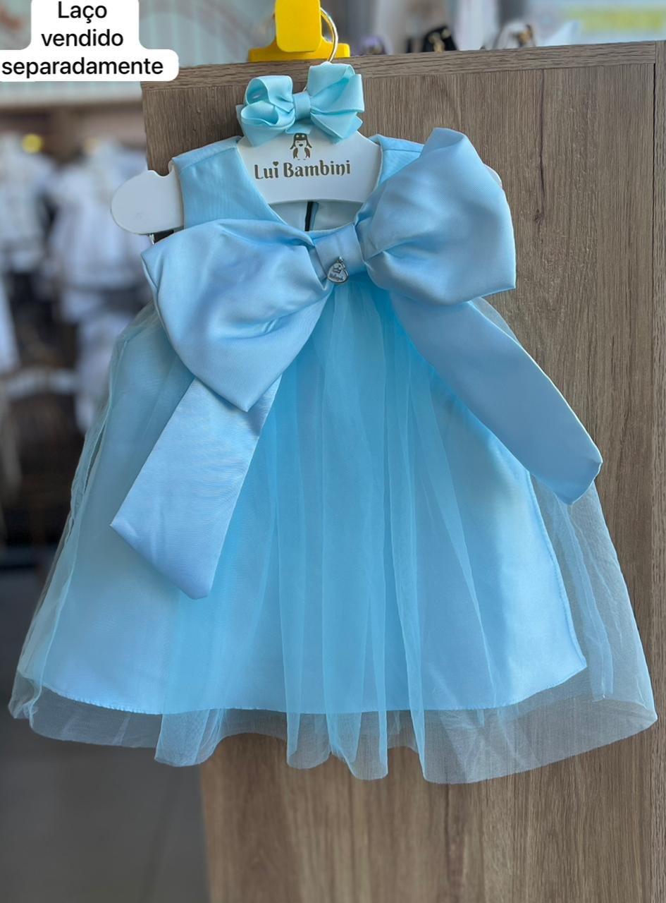 VESTIDO REGATA LAÇO SOBREPOSTO NO PEITO TULE MENINA MALAGAH - AZUL