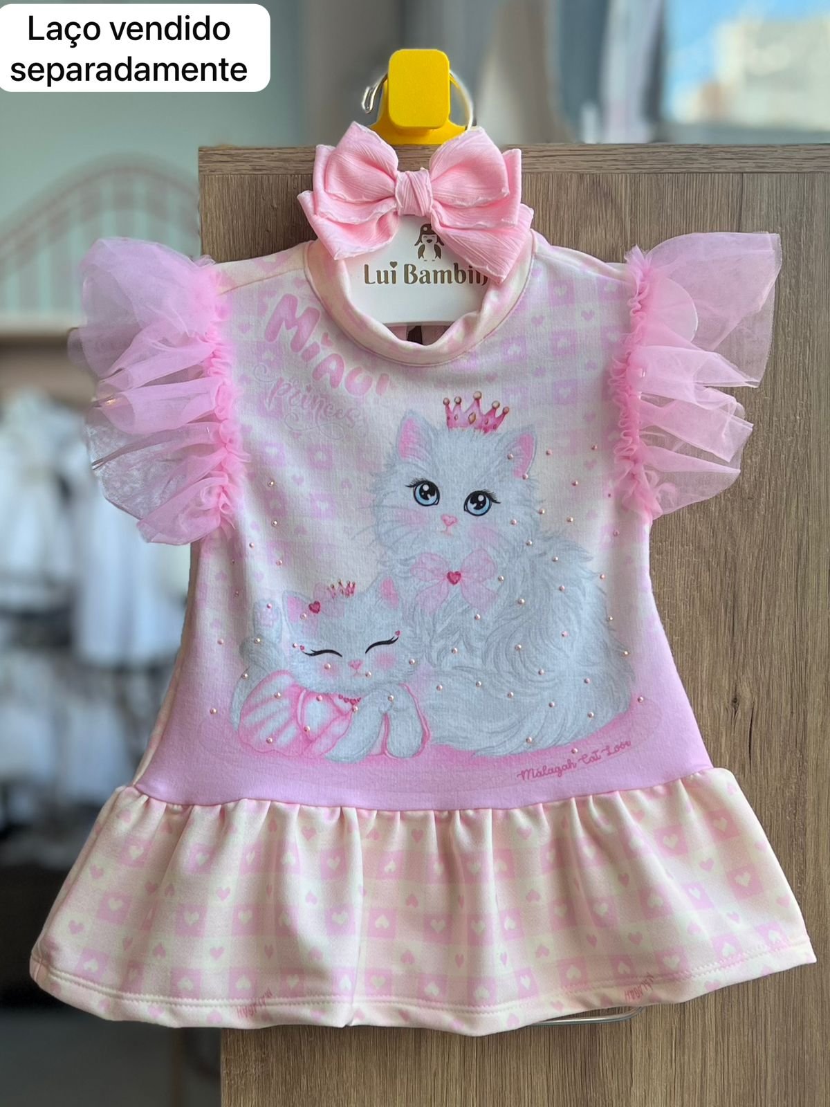 VESTIDO MANGA CURTA TULE BABADO GATO MENINA MALAGAH - ROSA