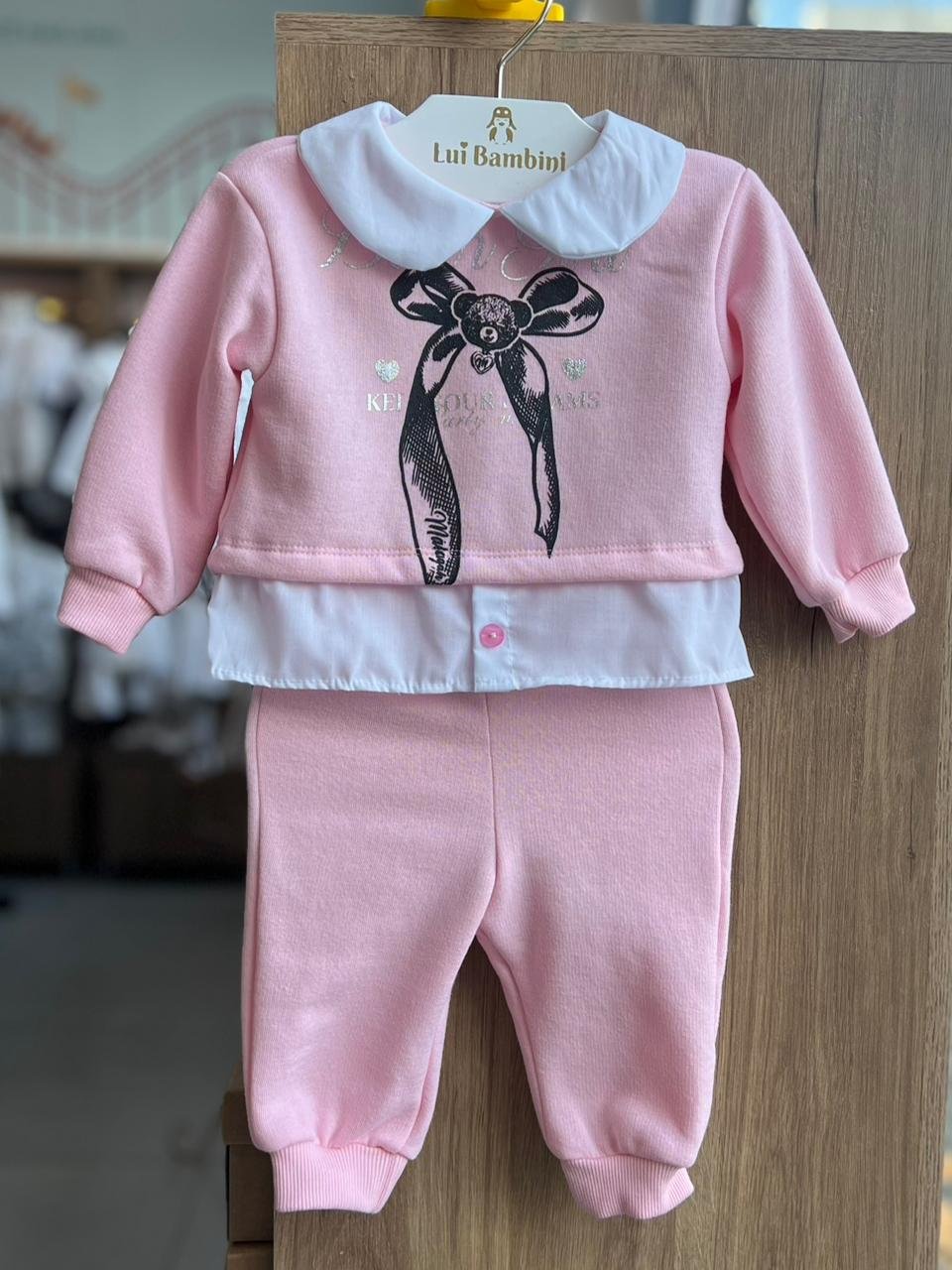 CONJUNTO BLUSÃO MANGA LONGA MOLETOM URSO LAÇO E CALÇA MENINA MALAGAH - ROSA