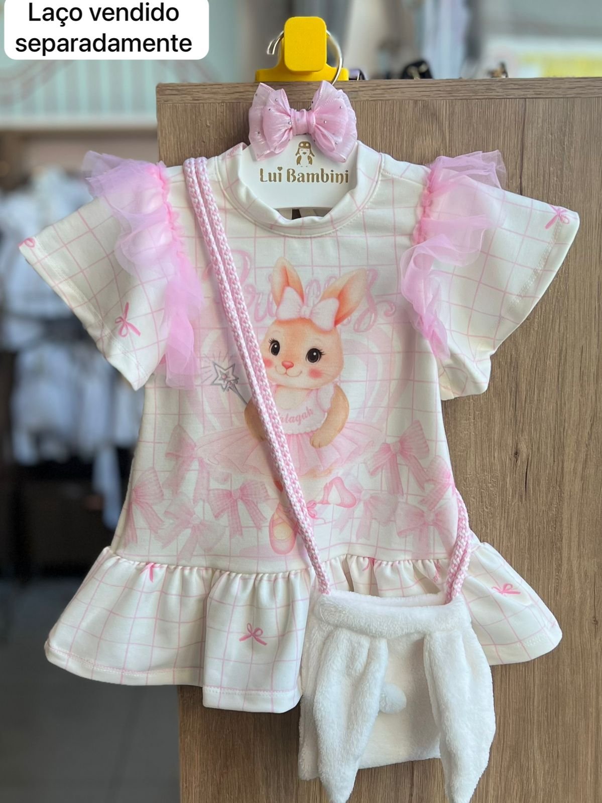 VESTIDO MANGA CURTA COELHO TULEE BOLSA DE PELINHO MENINA MALAGAH - OFF/ROSA