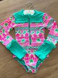 MAIÔ BODY MANGA LONGA COQUEIRO BABADO ZÍPER PROTEÇÃO UV50+ MENINA SIRI - ROSA/VERDE