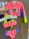 CONJUNTO BIQUINI COM BLUSA MANGA LONGA TIGRE SORVETE ÓCULOS PROTEÇÃO UV50+ E CALCINHA MENINA SIRI - ROSA/LILÁS