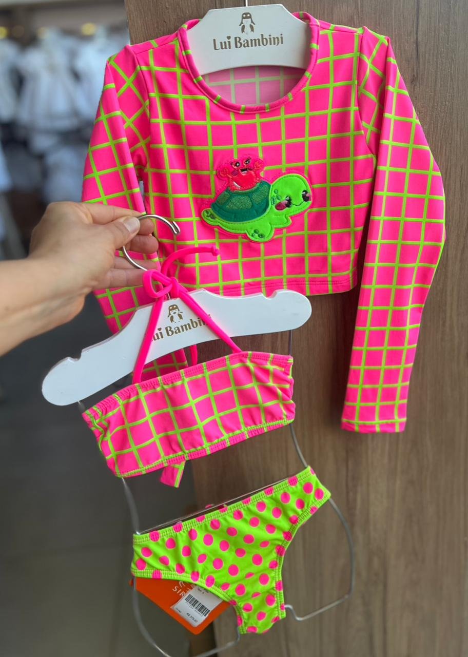 CONJUNTO BIQUINI ALÇA COM BLUSA MANGA LONGA QUADRADOS TARTARUGA CARANGUEIJO PROTEÇÃO UV50+ E CALCINHA MENINA SIRI - ROSA