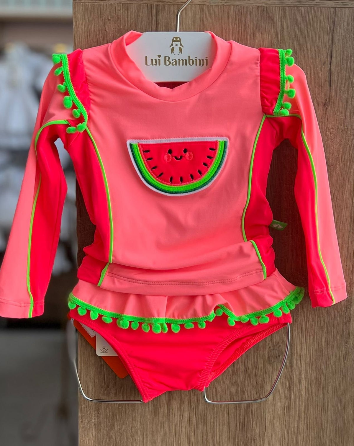 CONJUNTO BIQUINI MANGA LONGA MELANCIA SMILE BABADO POM POM E CALCINHA PROTEÇÃO UV50+ MENINA SIRI - ROSA