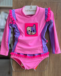 CONJUNTO BIQUINI MANGA LONGA CACHORRO SMILE BABADO POM POM E CALCINHA PROTEÇÃO UV50+ MENINA SIRI - LILÁS