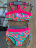 CONJUNTO BIQUINI ALÇA AMARRAÇÃO BABADO FUNDO DO MAR CAVALO MARINHO PROTEÇÃO UV50+ E CALCINHA MENINA SIRI - VERDE/ROSA