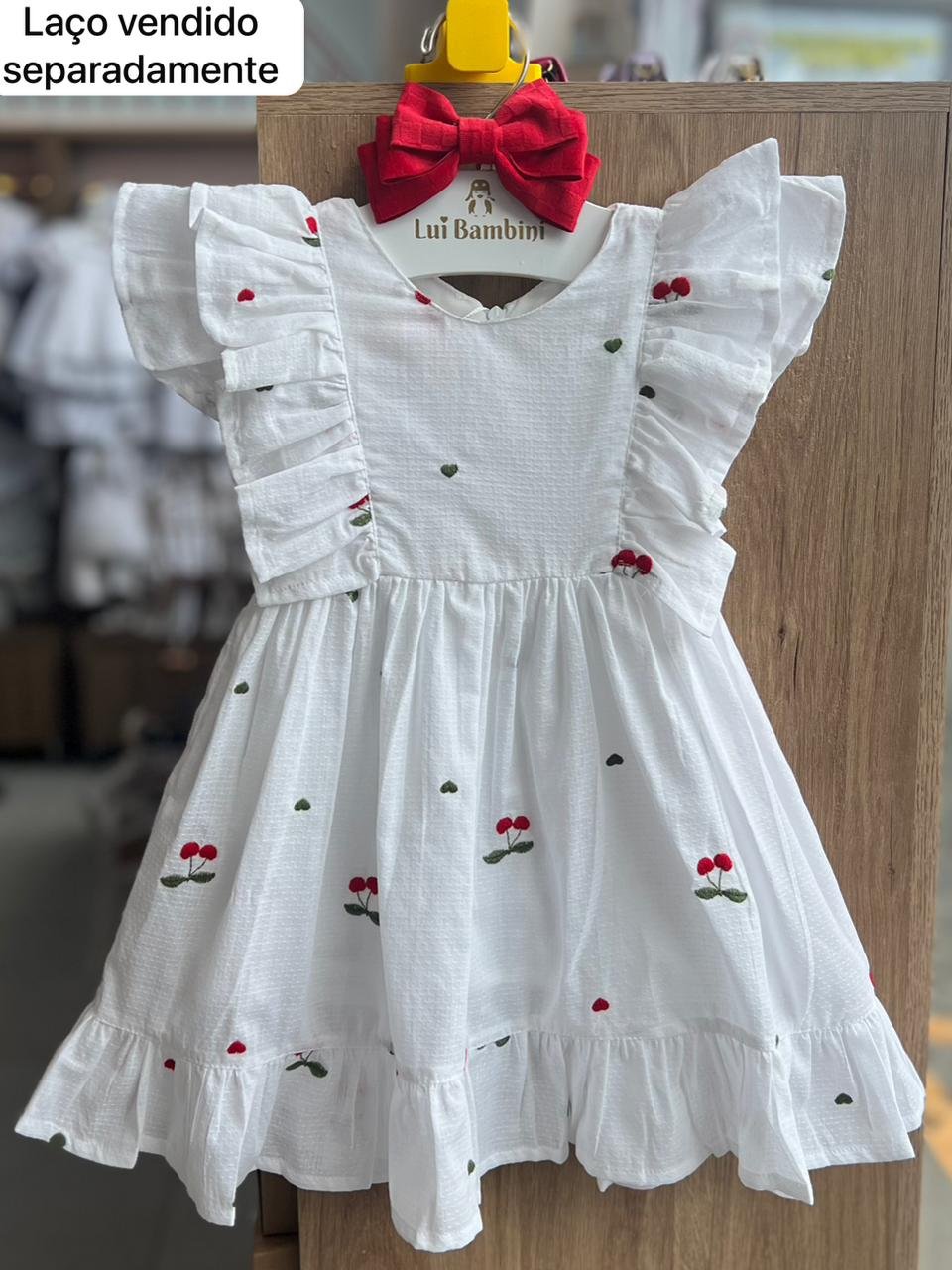 VESTIDO MANGA CURTA BABADO CEREJAS E CORAÇÕES BORDADOS ZOE MENINA LUMILU - BRANCO