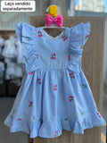 VESTIDO MANGA CURTA BABADO CEREJAS BORDADO LISTRADO ZOE MENINA LUMILU - AZUL