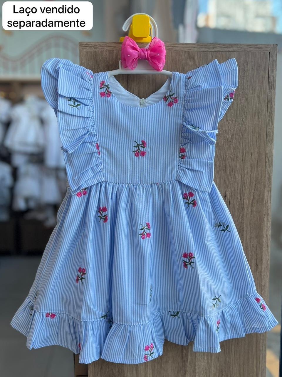 VESTIDO MANGA CURTA BABADO CEREJAS BORDADO LISTRADO ZOE MENINA LUMILU - AZUL