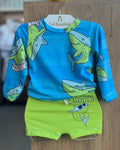 CONJUNTO CAMISETA MANGA LONGA TUBARÃO PROTEÇÃO UV50+ E SUNGA MENINO TIP TOP - AZUL/VERDE