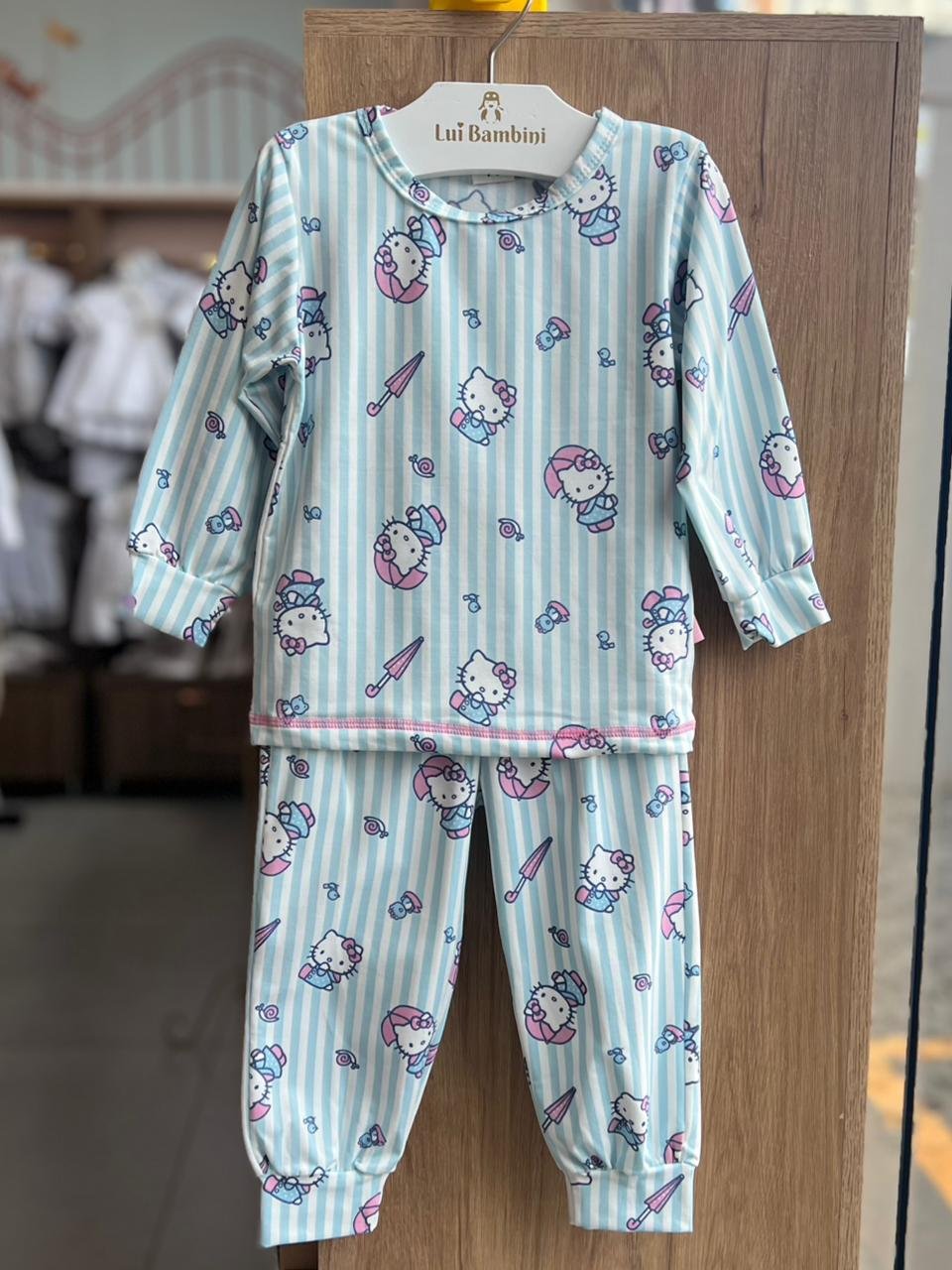 CONJUNTO PIJAMA CAMISETA MANGA LONGA LISTRADA HELLO KITTY E CALÇA MENINA TIP TOP - AZUL