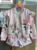 CONJUNTO BLUSA MANGA CURTA FLOR STRASS COM JAQUETA MANGA LONGA E SHORT FLORAL MENINA LULUZINHA - OFF/ROSA