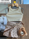 CONJUNTO BLUSA REGATA CANELADA LENÇO E SHORT SAIA CINTO PÉROLAS URSO MENINA LULUZINHA - BEGE/MARROM