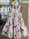 VESTIDO ALÇA FLOR BORDADO STRASS CAMADAS MENINA LULUZINHA - ROSA