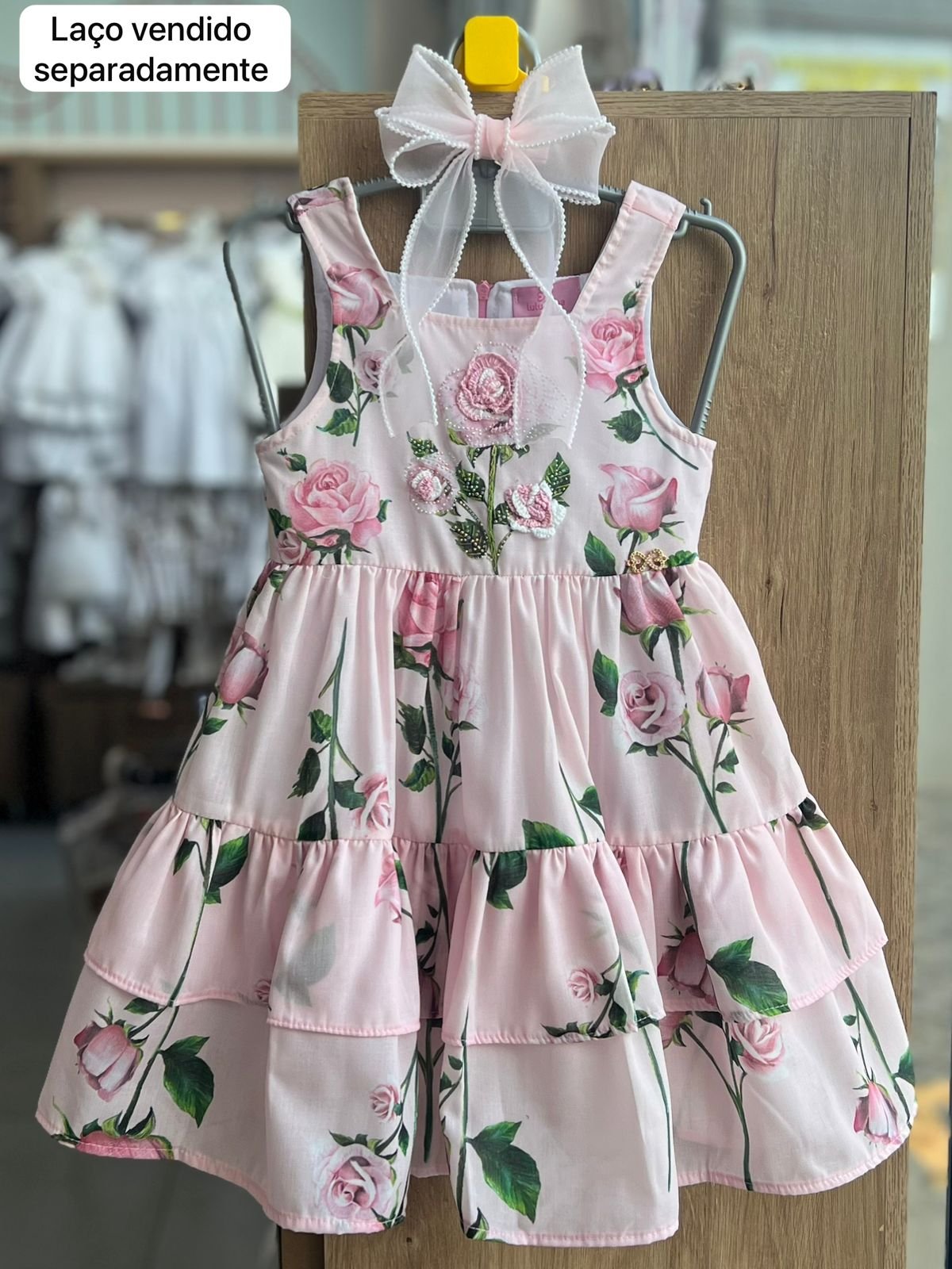 VESTIDO ALÇA FLOR BORDADO STRASS CAMADAS MENINA LULUZINHA - ROSA
