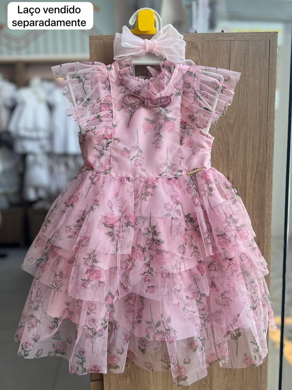 VESTIDO REGATA BABADO TULE FLOR LAÇO STRASS MENINA LULUZINHA - ROSA