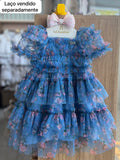 VESTIDO MANGA CURTA BABADO FLORES LAÇO PINGENTE STRASS TULE MENINA LULUZINHA - AZUL