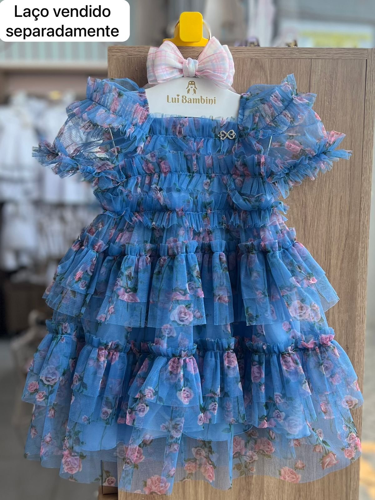 VESTIDO MANGA CURTA BABADO FLORES LAÇO PINGENTE STRASS TULE MENINA LULUZINHA - AZUL