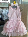 CONJUNTO BLUSA REGATA LAÇO PINGENTE STRASS E SAIA TULE BABADO GLITTER MENINA LULUZINNHA - ROSA
