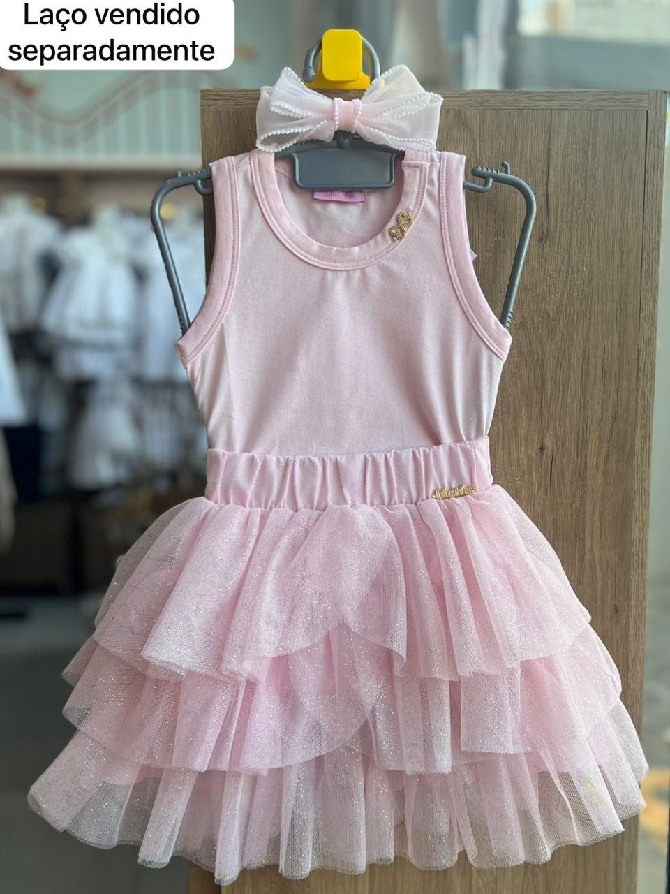 CONJUNTO BLUSA REGATA LAÇO PINGENTE STRASS E SAIA TULE BABADO GLITTER MENINA LULUZINNHA - ROSA