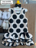 VESTIDO MANGA CURTA POA STRASS BABADO MENINA LULUZINHA - OFF/PRETO