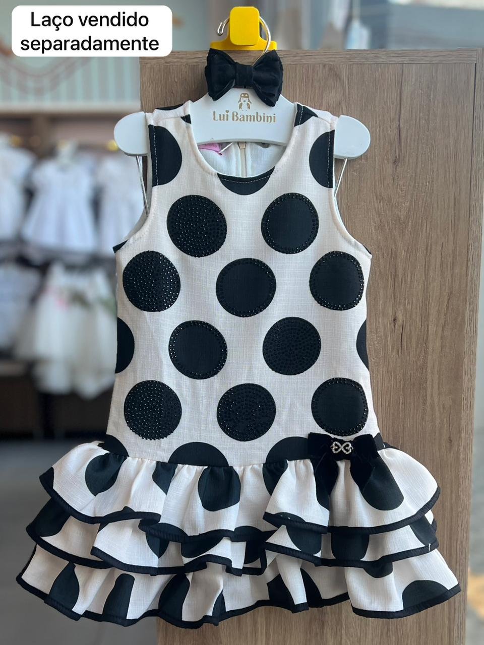 VESTIDO MANGA CURTA POA STRASS BABADO MENINA LULUZINHA - OFF/PRETO