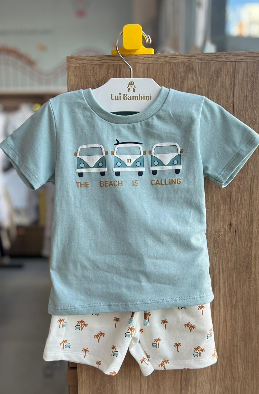 CONJUNTO CAMISETA MANGA CURTA KOMBI CARRO TRIPLO E BERMUDA MENINO MILON - VERDE/OFF