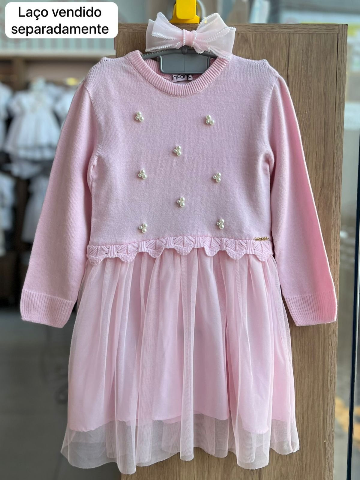 VESTIDO MANGA CURTA TRICO TRICOT PÉROLAS BABADO TULE PRIME MENINA INFANTI - ROSA