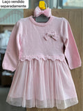 VESTIDO MANGA LONGA TRICOT TRICO LAÇO BABADO TULE MENINA INFANTI - ROSA