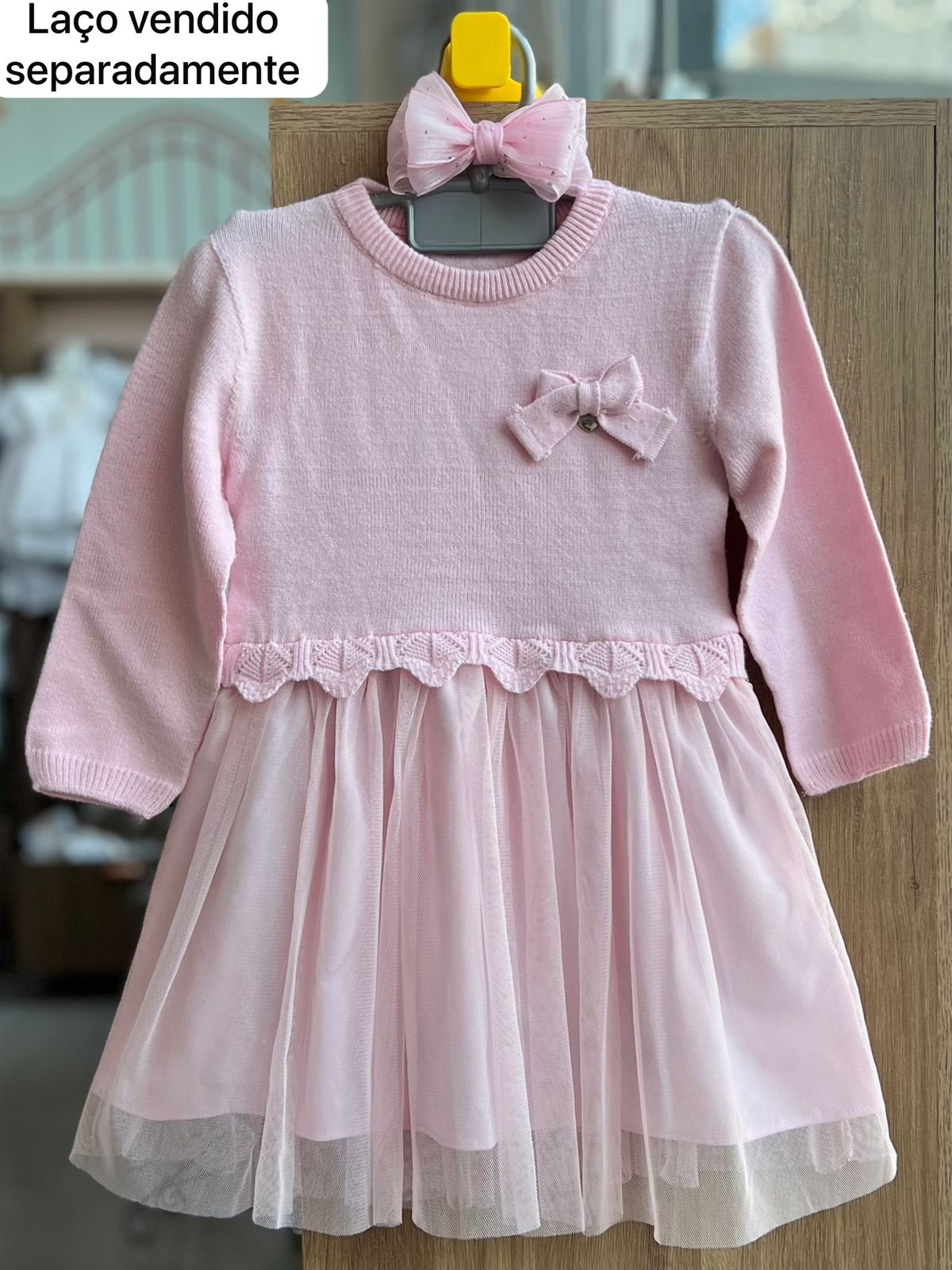 VESTIDO MANGA LONGA TRICOT TRICO LAÇO BABADO TULE MENINA INFANTI - ROSA
