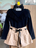 CONJUNTO BLUSA MANGA LONGA BABADO GOLA TULE POA E SHORT CINTO MENINA INFANTI - PRETO/BEGE