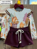 CONJUNTO BLUSA MANGA LONGA ACAMPAMENTO RAPOSA BICHINHOS E SHORT MOLETOM PELUCIADO MENINA KUKIÊ - BEGE/VINHO