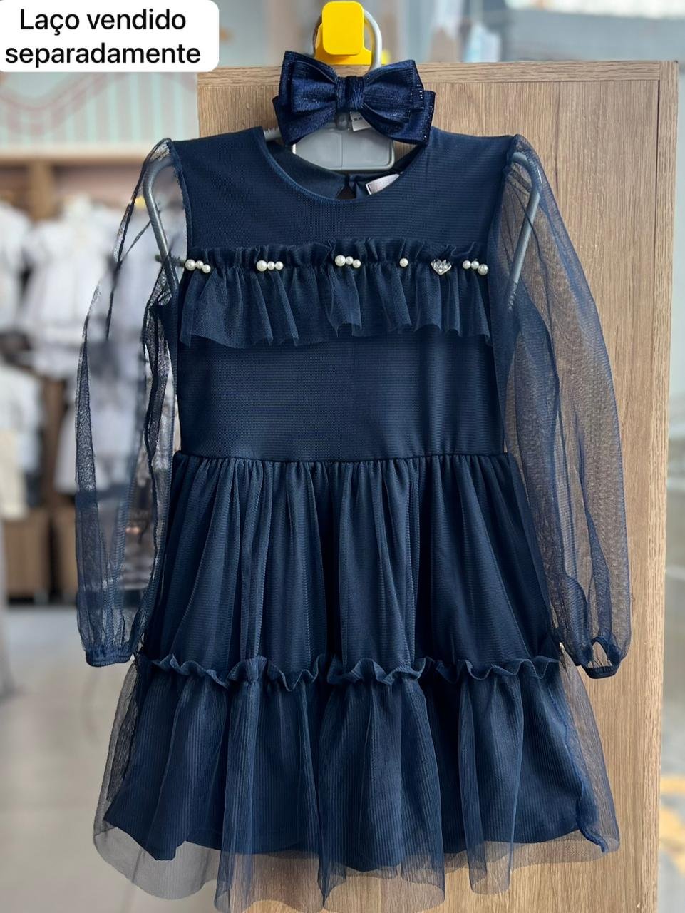 VESTIDO MANGA LONGA TULE BABADO PÉROLAS MENINA KUKIÊ - MARINHO
