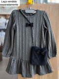 VESTIDO MANGA LONGA TRICO TRICOT LAÇO COM BOLSA MENINA KUKIÊ - CINZA