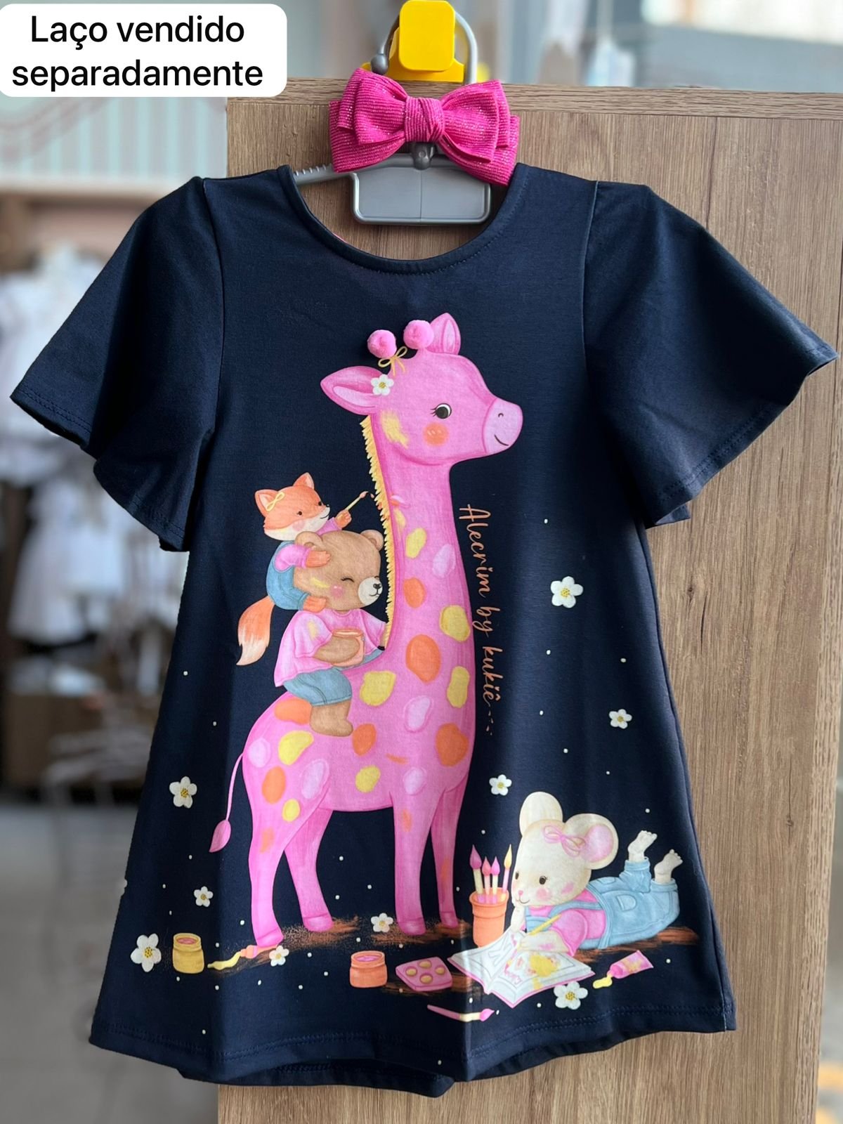 VESTIDO MANGA CURTA GIRAFA BICHINHOS ALECRIM MENINA KUKIÊ - MARINHO
