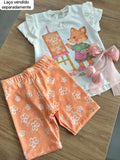 CONJUNTO BLUSA MANGA CURTA BABADO RAPOSA ARTE PINTURA E SHORT CICLISTA MENINA KUKIÊ - OFF/LARANJA