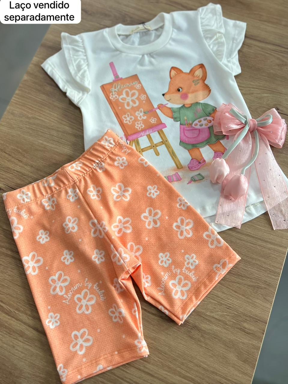 CONJUNTO BLUSA MANGA CURTA BABADO RAPOSA ARTE PINTURA E SHORT CICLISTA MENINA KUKIÊ - OFF/LARANJA