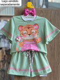 CONJUNTO BLUSA MANGA CURTA TIGRE FLOR E SHORT MENINA KUKIÊ - VERDE