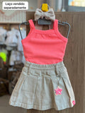 CONJUNTO BLUSA REGATA CANELADA STRASS E SHORT SAIA SARJA MENINA KUKIÊ - ROSA/BEGE