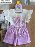 CONJUNTO BLUSA MANGA CURTA FLOR LITTLE LOVELY E SHORT CORDÃO GLITTER MENINA KUKIÊ - OFF/LILÁS
