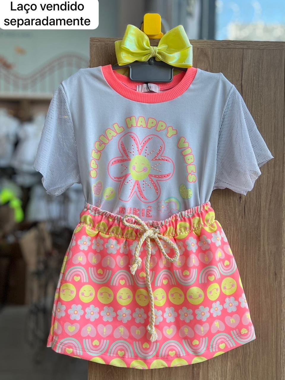 CONJUNTO BLUSA MANGA CURTA FLOR STRASS REDE E SHORT SMILE MENINA KUKIÊ - BRANCO/ROSA