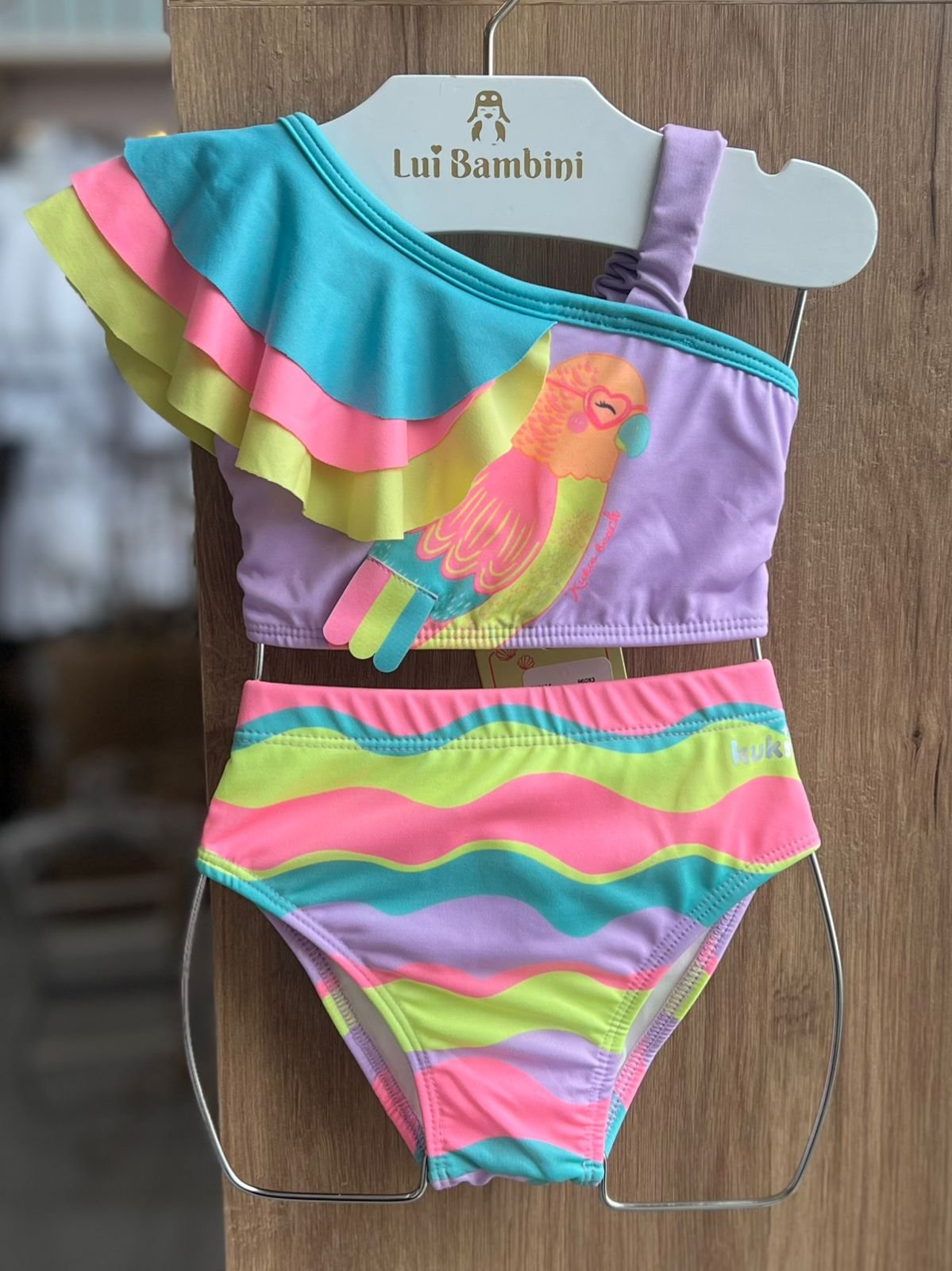 CONJUNTO BIQUINI ALÇA BABADO ELÁSTICO ONDAS COLORIDAS PROTEÇÃO UV50+ E CALCINHA MENINA KUKIÊ - LILÁS