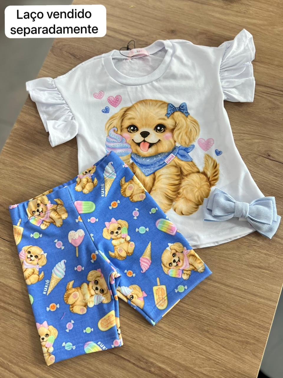 CONJUNTO BLUSA MANGA CURTA BABADO CACHORRO ICE CREAM SORVETE E SHORT LEGGING MENINA KUKIÊ - BRANCO/AZUL