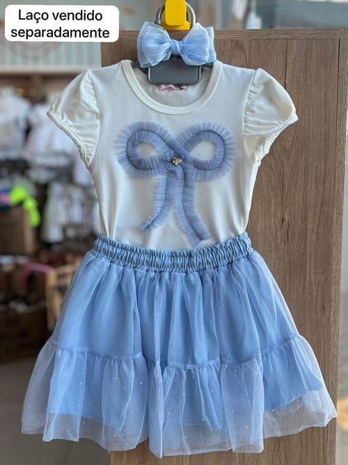CONJUNTO BLUSA MANGA CURTA LAÇO TULE E SAIA MENINA KUKIÊ - OFF/AZUL