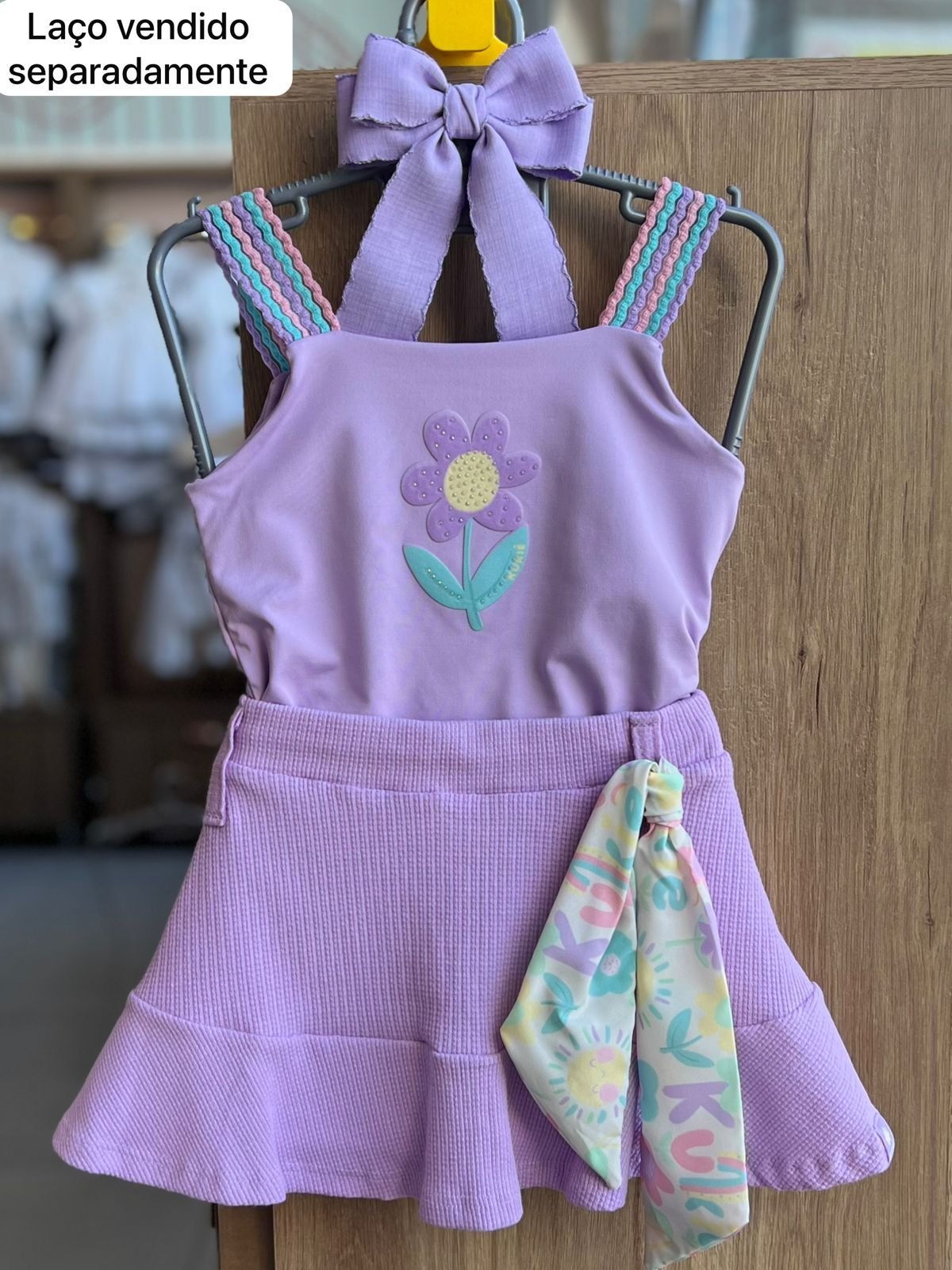 CONJUNTO BLUSA ALÇA FLOR BORDADO TRICO E SAIA LENÇO MENINA KUKIÊ - LILÁS