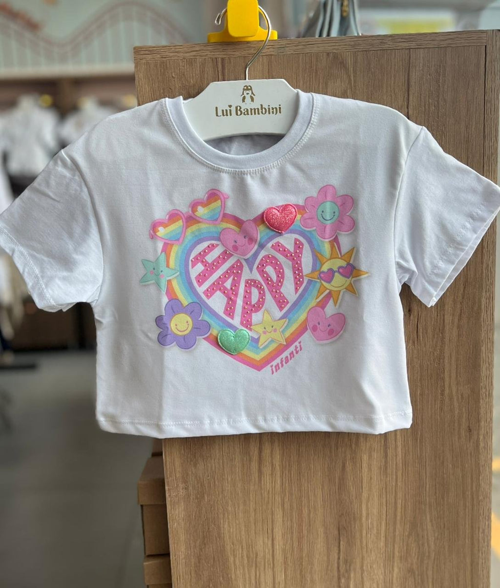 BLUSA MANGA CURTA HAPPY CORAÇÃO STRASS MENINA INFANTI - BRANCO
